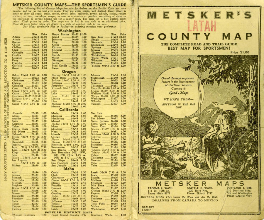 A complete copy of the Metsker's County Map for Latah County, that includes trails and roads. It is advertised as the ""Best Map for Sportsmen""