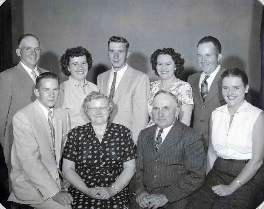 Sterner Studio in Moscow, ID. Back row, left to right: Gerald, Leola, Ronald, Cleora, Glen. Front row, left to right: Larry, Mary, Durell, Norma Jean. All Nirk family.