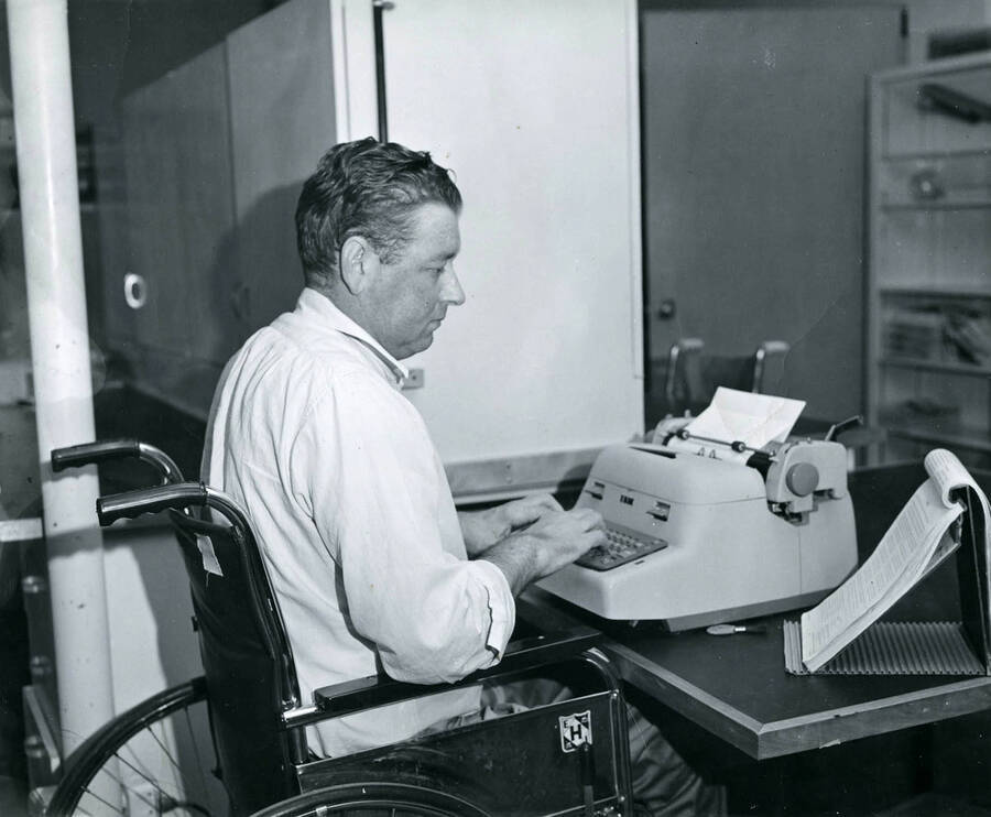 Lowell Soncarty had an autoimmune condition that resulted in severe arthritis. Here he is in the Elks Rehabilitation facility in Boise. While there he learned accounting and when he returned to Latah County he worked as a CPA.
