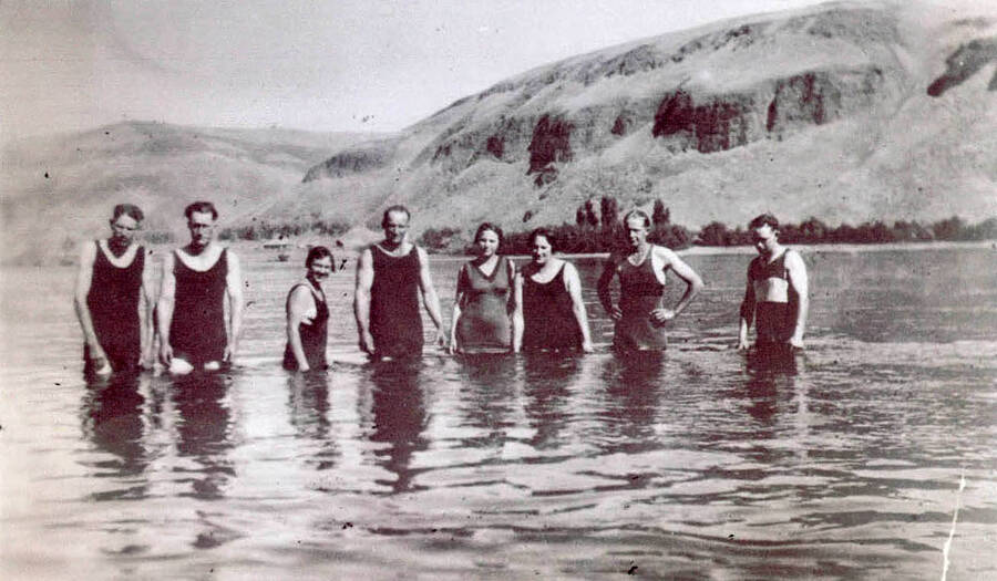 Friends swimming near Central Ferry. Left to right, Gene Snider, Frank Rohn, Sadie (Leistner) Wilcox, Fred Rohn, Loretta Herman, Rances Rohn, Curt Rohn, Orville Hodge.
