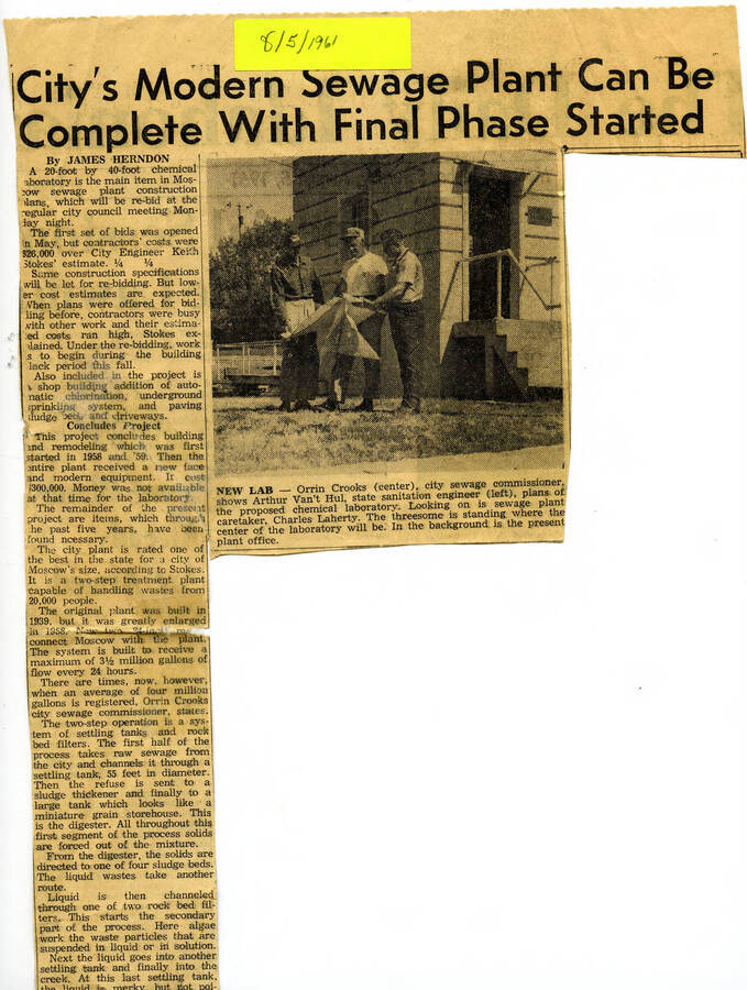 Newspaper clipping, titled ""City's Modern Sewage Plant Can Be Complete With Final Phase Started"", top half
