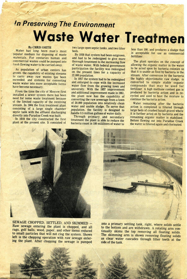 Full page newspaper article from the Idahonian, April 22, 1970, ""Water Treatment Plant Serves Moscow"". Part 1