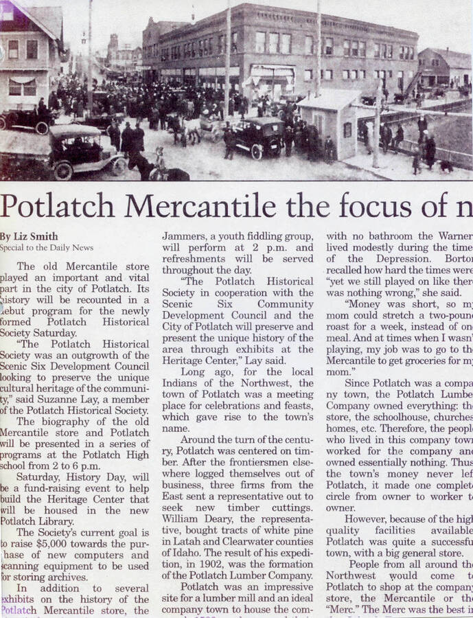 Newspaper article by Liz Smith about the Potlatch Mercantile.