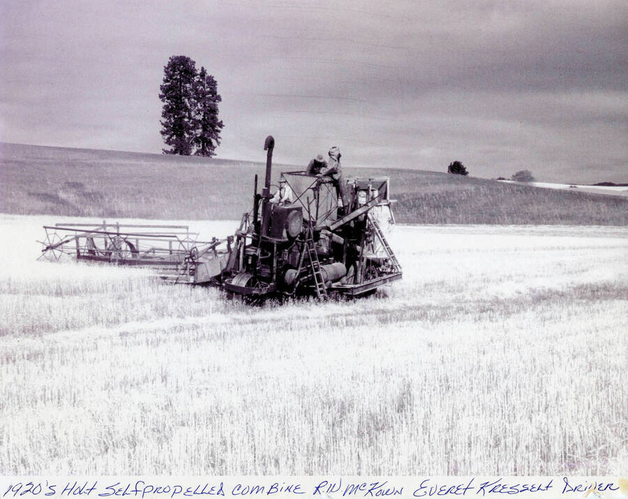 A self-propelling combine working in the fields.
