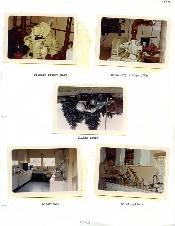 Miscellaneous photographs. Dorr Oliver Piston Pump - Sludge from Gravity Thickener to Primary Digester; Centrifugal Sludge Pump from Primary Clarifier to Gravity Thickener; lab; sludge truck