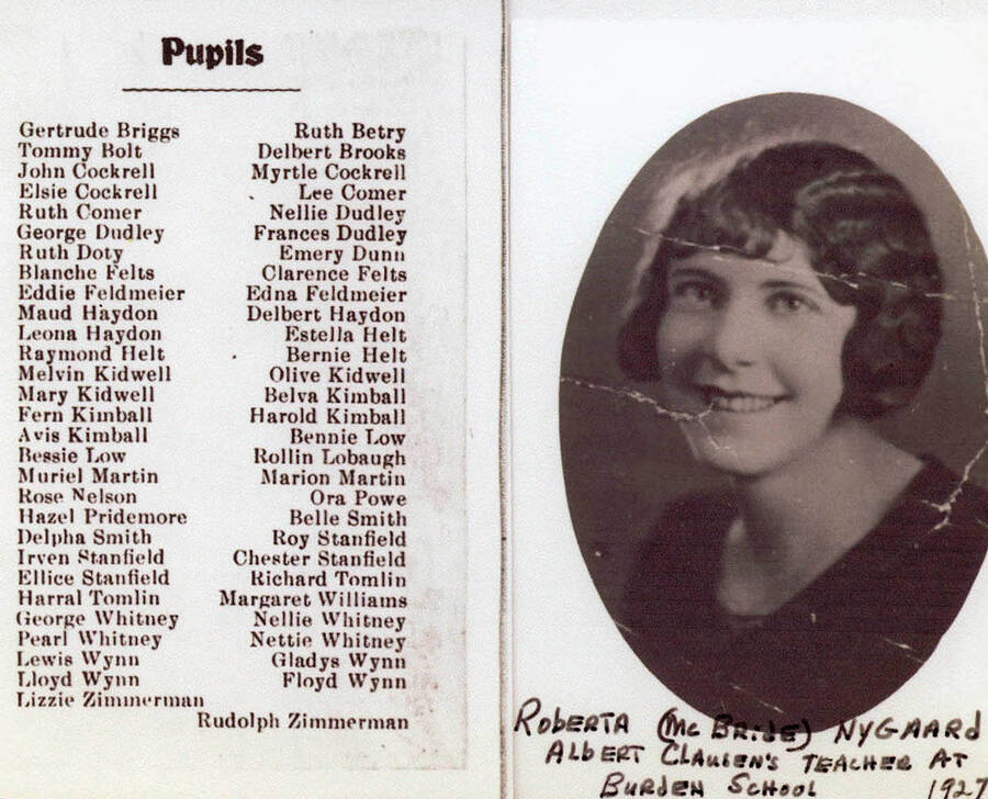 Picture of Roberta McBride Nygaard, Albert Clausen's teacher at Burden School in 1928. Next to her picture is a list of the pupils.