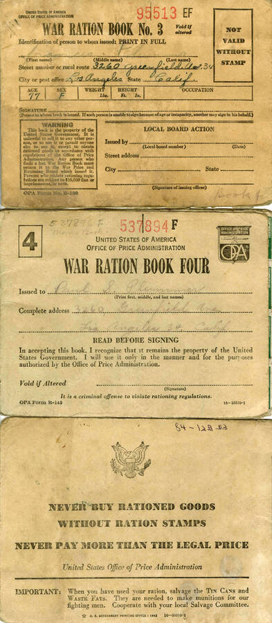 Paul Plummer's World War II Ration books. Owned the lumber mill locally.