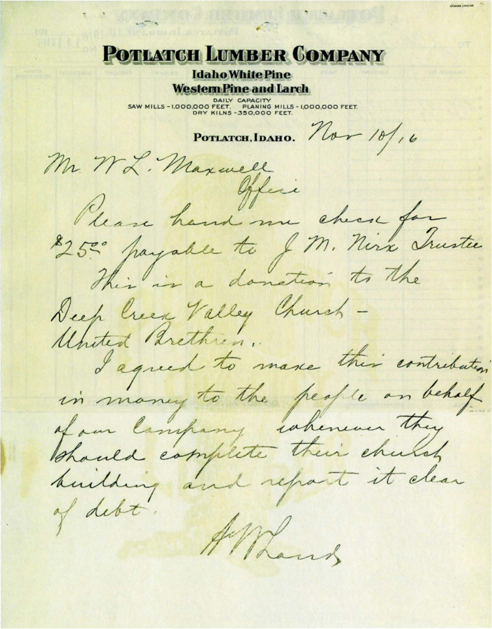 A letter from Mr. Laird to Mr. Maxwell stating that a check for $25 should be made to the Deep Creek Valley Church - United Brethren. It was given as a fulfillment of a promise once the community completed construction of the church and reported it clear of debt.