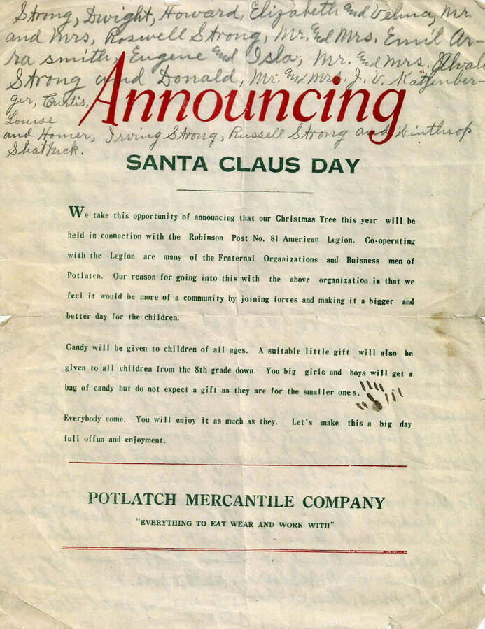 The Potlatch Mercantile Company announced the Santa Claus Day event