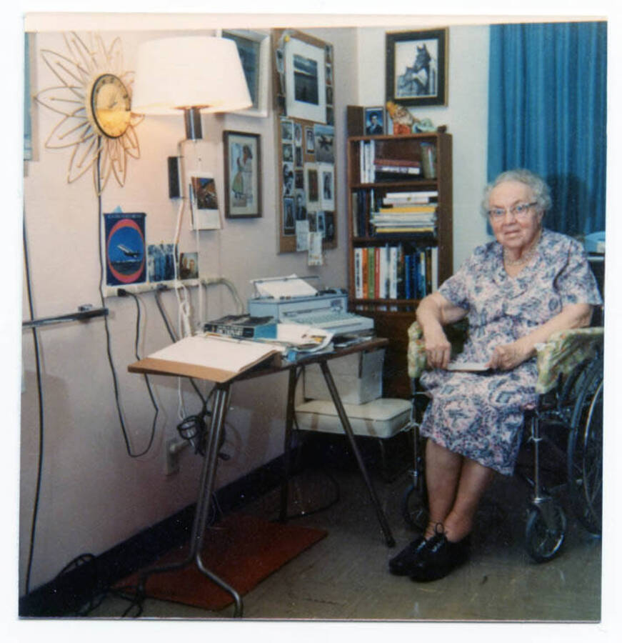 Photo taken at Dora Otter Fleener's apartment in Latah Care Center while she was in the process of writing her memoirs.