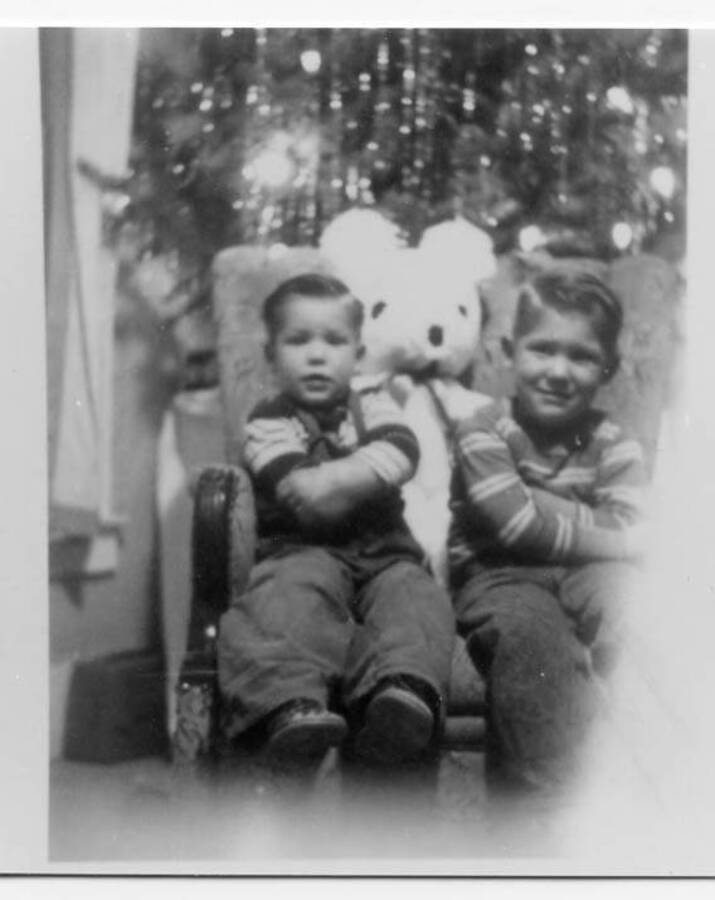 Tim and Craig Fleener posing for a Christmas photo. A stuffed bear can be seen sitting between them and a Christmas tree can be seen behind the boys.
