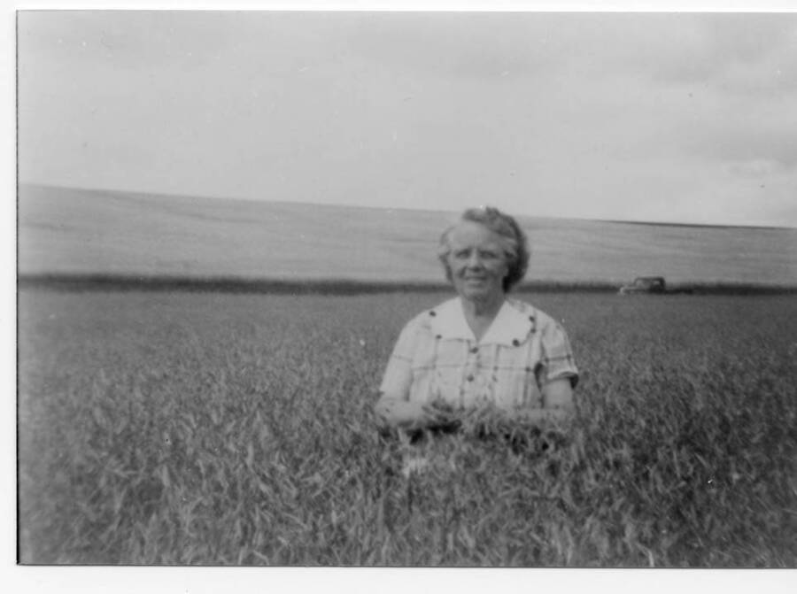 Dora Otter Fleener standing amid fields of grain in Worley, Idaho. Dora and Ansel Fleener farmed Loyal Ivan Fleener's property while he was drafted during the Korean Conflict. A truck can be seen in the background between fields.