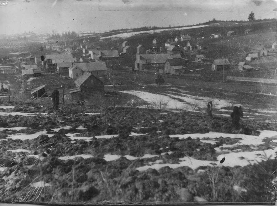 A photograph overlooking Onaway, Idaho, during winter. Snow is visible on the ground.