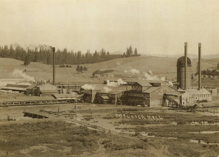 Photo of the Potlatch mill in 1913, hills and trees in background