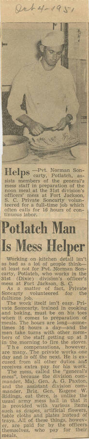 Newspaper article about Pvt. Norman Soncarty describing job in General's Mess