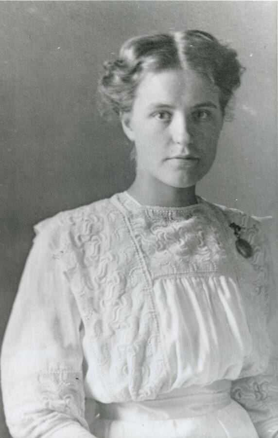 Photo of Alice McClure Strong, taken at home in Garfield, WA. She graduatedfrom High School n 1913 in Garfield, WA. Taken February 1915.