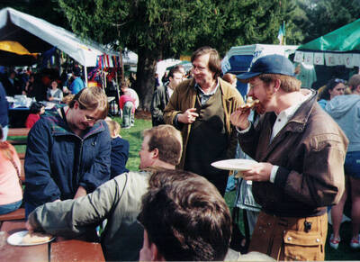 Moscow's annual Renaissance Fair is always the first weekend in May, marked as the official beginning of summer for the Palouse. People can be seen eating and conversing while at the fair.