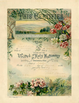 This marriage certificate reads "This certifies that Gilbert L. Smith of Moscow state of Idaho and Nellie Eid of Moscow state of Idaho were by me united in Holy Matrimony According to the ordinance of God and the Laws of the State of Idaho on the Fifth day of March in the year of our Lord, 1914, at Moscow, Idaho". The ceremony was held at the Methodist Church. It was printed in Germany and published by Jennings and Graham out of Cincinnati, Ohio.