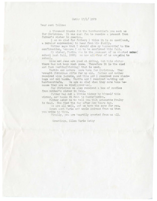 This Letter from Ellen Marie Ostby in Norway to Toline Eid in Blaine, ID thanks Toline for the handkerchiefs received at Christmas and relays news of life in Norway to Ellen's aunt Toline. There is a Norwegian letter (the original, handwritten) and an English translation, typed.