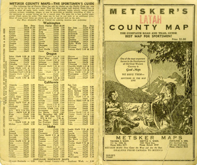 A complete copy of the Metsker's County Map for Latah County, that includes trails and roads. It is advertised as the "Best Map for Sportsmen"