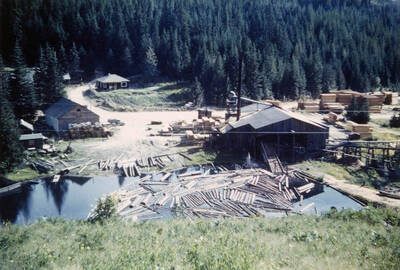 An overview of the Carscallen Brothers Sawmill, located 10 miles north of Potlatch, on east fork of East Steep Creek. The photograph shows a log pond in use and cut, drying lumber in the background.
