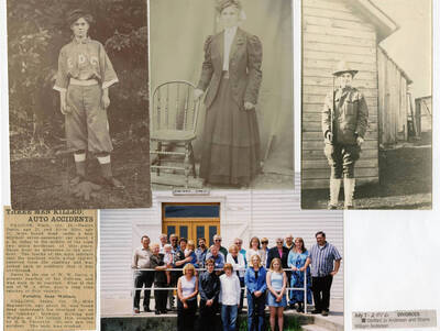 Older portraits - All Emma Bysegger Davis; clipping regarding death of Roscoe Davis (died at 22) in early 40s; family photograph from 2000s