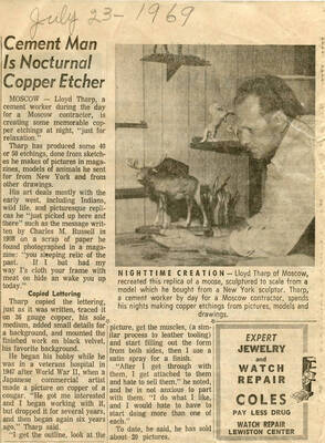 Daily News story on Lloyd Tharp, covering his hobby of copper etching and his daytime role as a cement worker with a contractor out of Moscow.