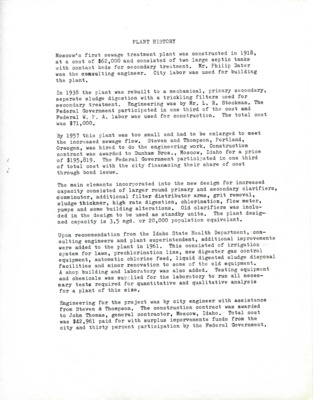 Plant History, with sections on Sewage Treatment, Equipment Specifications, Personnel & Training, Equipment, General Operation