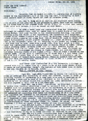 Letter from HDJ Smith, City Engineer, to Mayor and City Council, on construction of a new sewer line, dated Feb 23, 1933