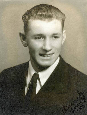 Lowell Soncarty's senior picture from Potlatch High School. He did not graduate from high school, he was one credit short when his father passed away and he left school to help his mother on the farm.
