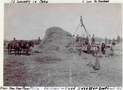 Men and women stand with hay and horse teams. Across from home place. Fritz Leistner, Ed Soncarty, John McManama and Fred Bysegger in crew.