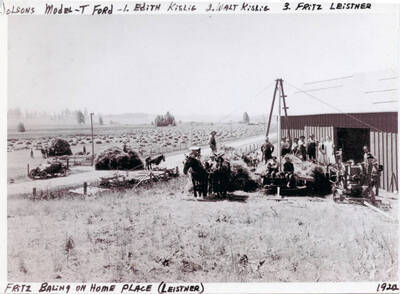 Fritz Leistner Baling Crew on home place. Jolson's Model-T Ford. 1. Edith Kisling, 2. Walt Kislig, 3. Fritz Leistner