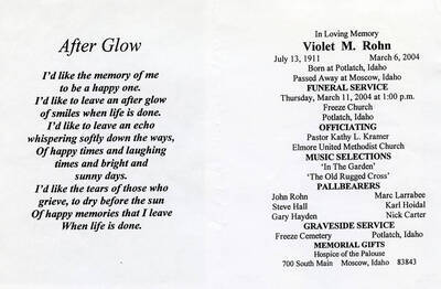The funeral program for Violet Rohn.