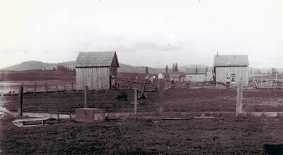 Looking north from the Starner Home in Freeze, Idaho. Buildings can be seen on the homestead.
