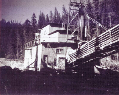 A gold dredge set up on the Palouse River, circa 1955.