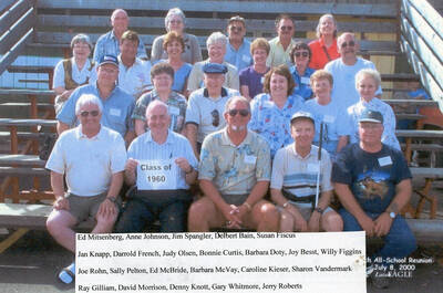 Group photo of reunion celebration. Front row, Ray Gilliam, David Morrison, Denny Knott, Gary Whitmore, Jerry Roberts. 2nd row, Joe Rohn, Sally Pelton, Ed McBride, Barbara McVay, Caroline Kieser, Sharon Vandermark. 3rd row, Jan Knapp, Darrold French, Judy Olsen, Bonnie Curtis, Barbara Doty, Joy Besst, Willy Figgins. 4th row, Ed Mitsenberg, Anne Johnson, Jim Spangler, Delbert Bain, Susan Fiscus.
