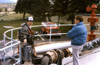 Tom Scallorne (right) and contractor (left) checking Primary Digester Dome corrosion