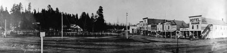 A view of Main Street in Bovill, lined with stores.