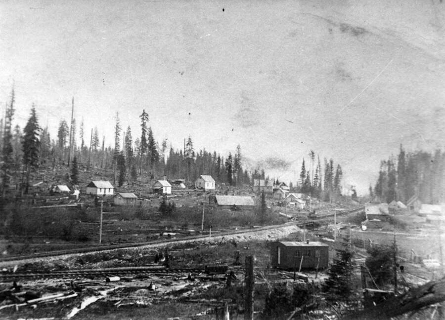 Slabtown located one mile north of Bovill, covered in houses and trees.