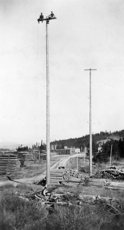 H. Schupfer and Phil Johns, part of WWP (likely Washington Water Power company), siting atop an 80-foot pole, while helping put up electric utility poles.