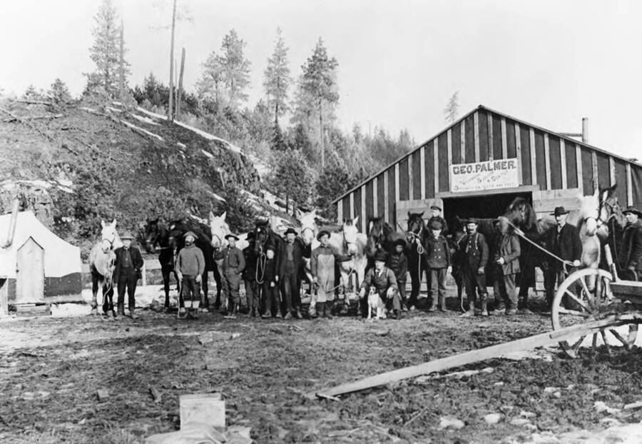 People stand with horses in front of George Palmer's Horse Doctor Barn. Charlie Sanderson is man with moustache in front of door, Tillie Pelton is second from right. Bill O'Meara is on extreme right.