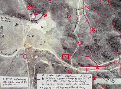 Map of Little Meadow. A is Hobbs Cabin, B is Winton logging camp and latter Miller farm buildings, C is trace of former road into meadows, and X means grades of old logging railroad lines.