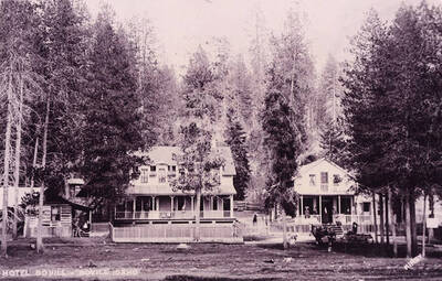 The Bovill Hotel surrounded by trees and with people out front.