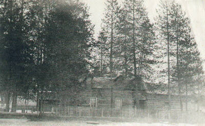 The Warren Cabin surrounded by trees.