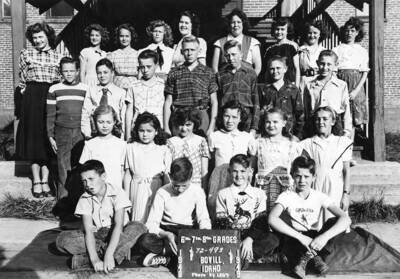 Bovill's sixth, seventh, and eighth grade students. First row (l to r): Gary O'Keefe, Clifford Harp, Russell Barnes, Leonard Hunderhich. Second row (l to r): Wilma Vigue, Helen Johnson, Mahine Dawson, Rebecca Brady, Jeanne Smith, Marion Eller. Third row (l to r): Billy Musch, Manley Waldon, Alvie Estes, Don Vigue, Ronnie Black, Dannah Steel, Dallace Kellom. Fourth row (l to r): Rose Estes, Loiuse Ingnam, Frances Crane, Clara Court, Darlene White, Loett Nelson, Klea Crane, Marilyn Hays, Miss. Cox.