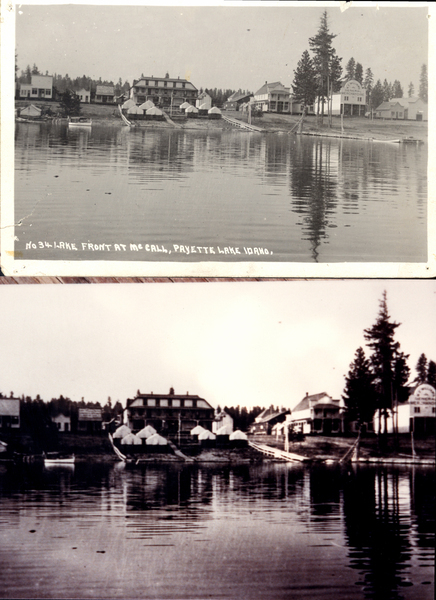 Peobody Hotel, business named on reverse side, rented small cabins, (McCall light and power) Jordan’s Electric Shop. No 34 Lake Front at McCall, Payette Lake Idaho. Image contains the text: "NO 34 LAKE FRONT AT MCCALL PAYETTE LAKE IDAHO"