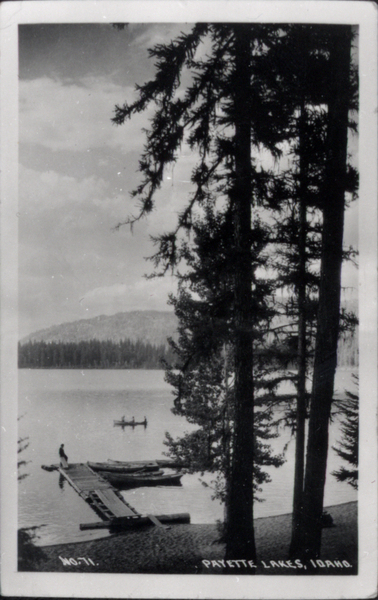 NO. 71. Payette Lakes, Idaho, the foreground highlights three large pines, in view there is a dock with a man standing on it, Payette lake is visible, and there is a boat with three people on it. Image contains the text: "NO-71 PAYETTE LAKES IDAHO"