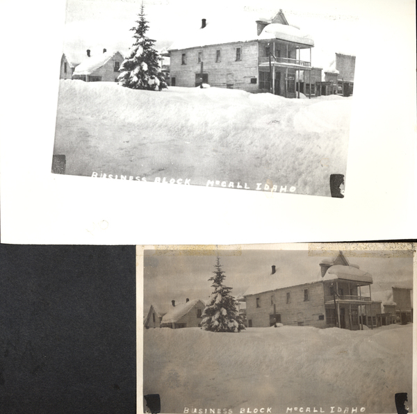 Business block of McCall, property of Dan De Francesco, view of multiple buildings with snow cover. Image contains the text: "BUSINESS BLOCK MCCALL IDAHO"