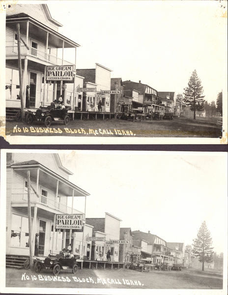 Doner Lola Hays from Cascade, Idaho, NO 10 Business Block McCall, Idaho, view buildings like ice cream parlor, drug store, groceries along with additional buildings and cars on both sides. Image contains the text: "No 10 Business Block Mccall Idaho  Ice Cream Parlor Candies Cigars"