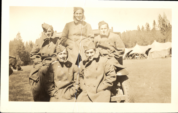 Five men at CCC camp, Thorn Creek. On the back side, “Bill Juechter, Joe McNichols, Ed Conway, Frank Batton, and Dan Riccio